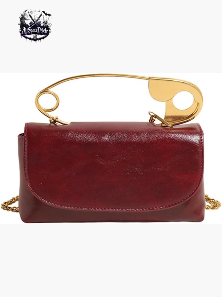 Faux Leather Crossbody Bag With Gold Safety Pin Handle, Detachable Chain